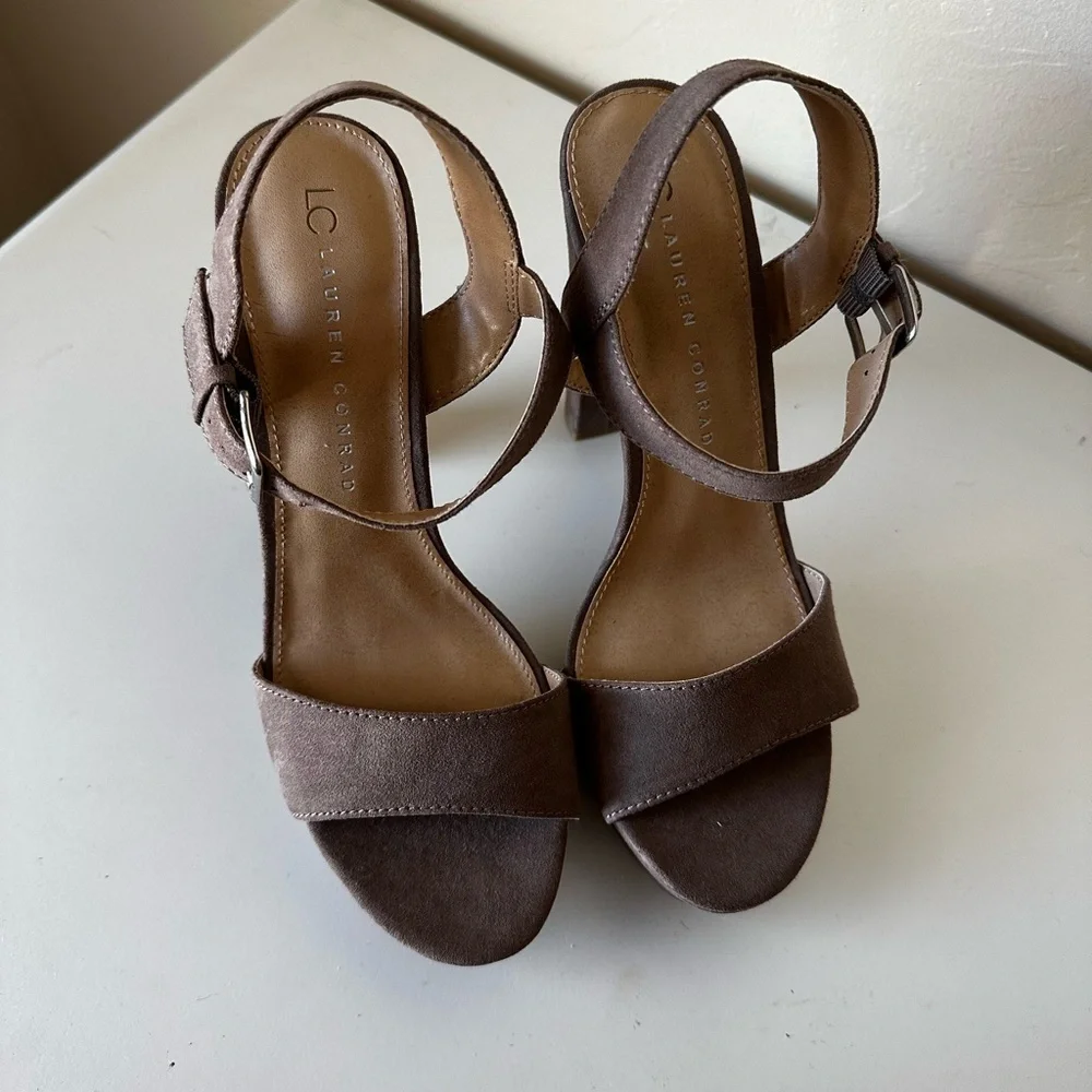 Lauren Conrad Taupe Platform Block Heel Sandals | Suede Ankle Strap Heels | 7.5